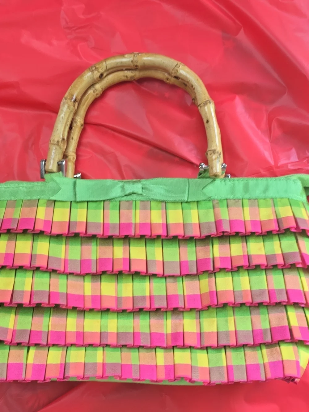 Fringed Woven Tote with Bamboo Handle - Green & Pink
